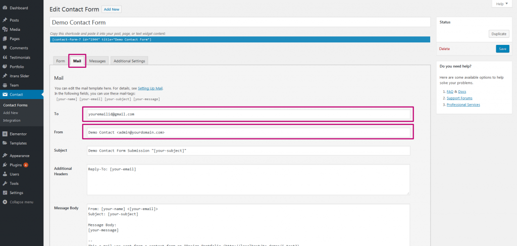 WordPress Contact Form Mail ID settings